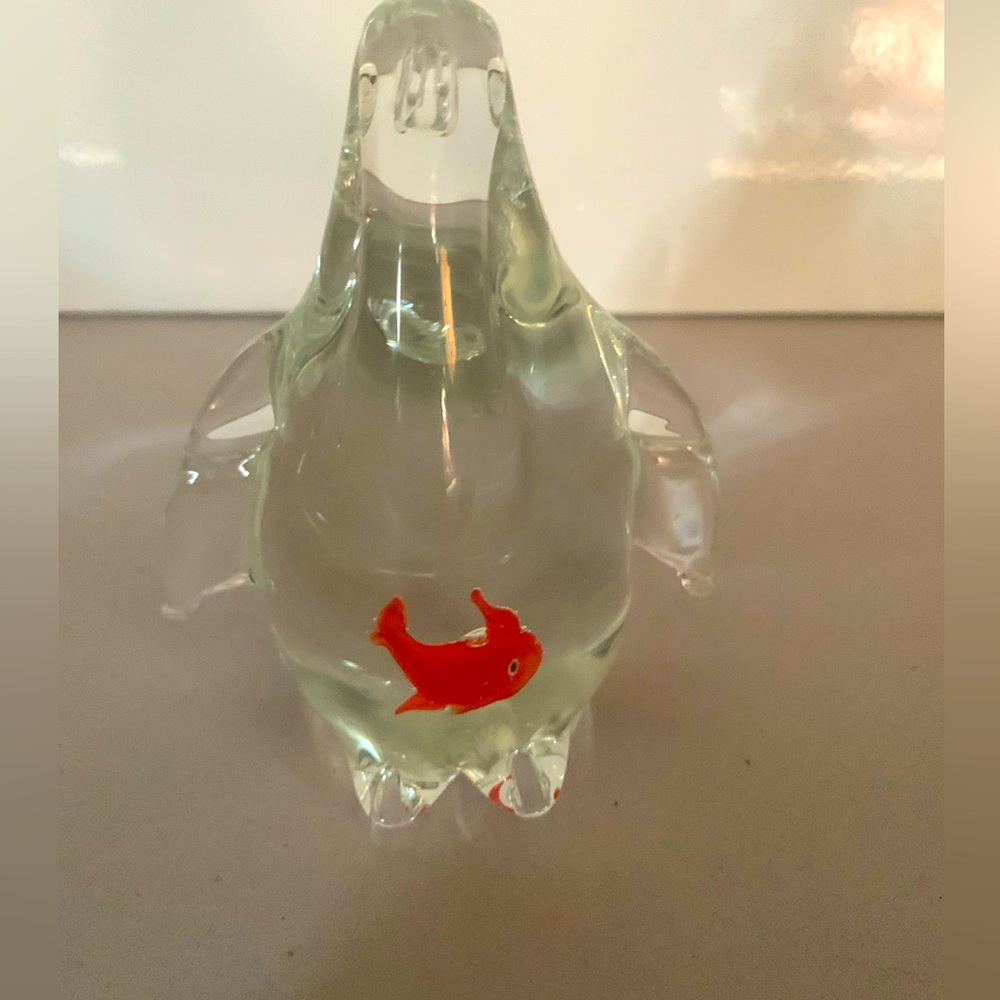 Murano Glass Penguin With Fish In Tummy Paper Weight - 5" Tall-